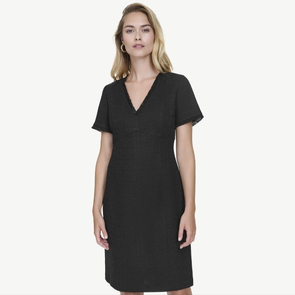 Andrew Marc Black Midi Sheath Dress Women’s Size 12 Short Sleeve V Neck NWT